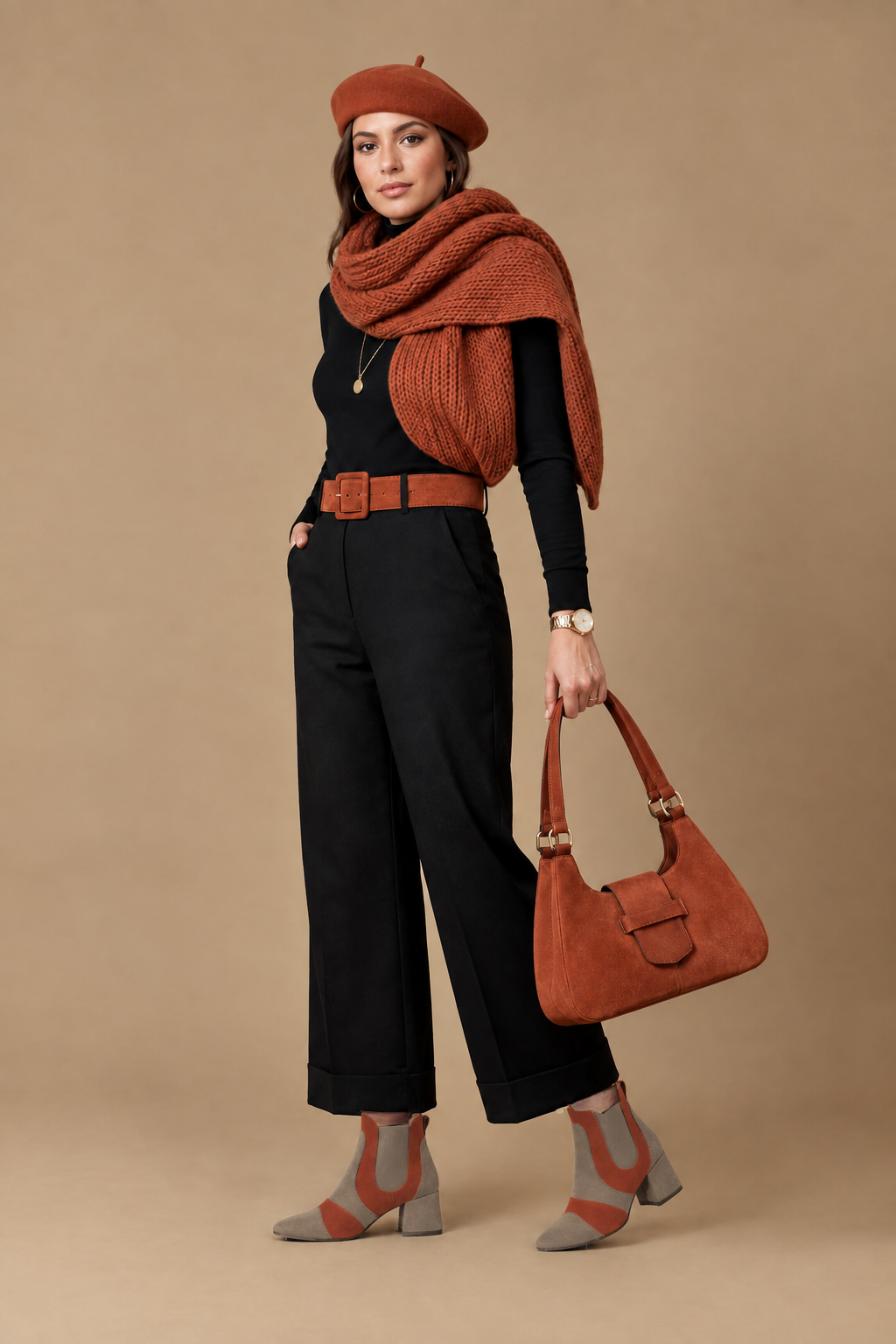 Dress ankle boots side elastics in tan beige, terracotta orange and taupe brown leather with low flare heels and round toe - Top view